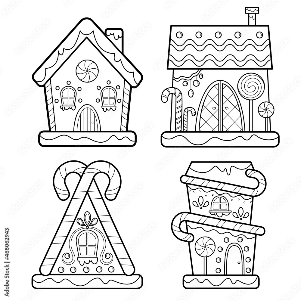 Christmas coloring book or page gingerbread house black and white set vector vector