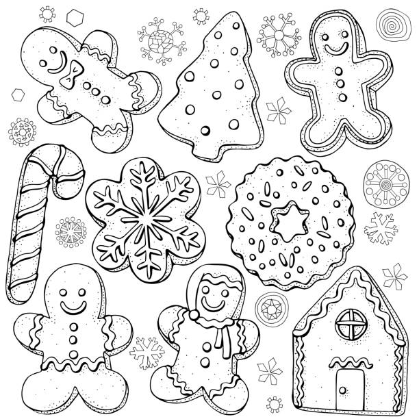 Set of christmas gingerbread cookies and smowflakes coloring book page for adults and children black and white stock illustration