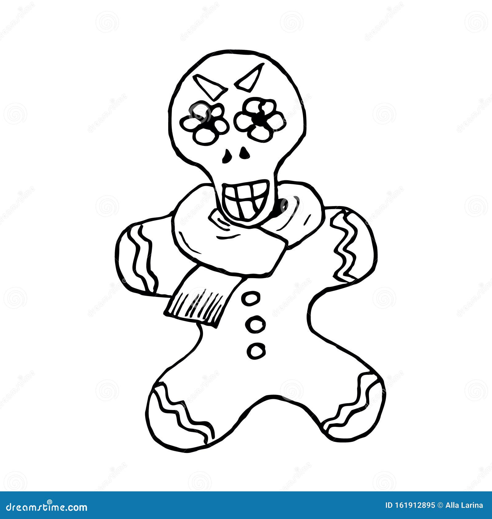 Christmas gingerbread man with mexican face mask of the dead graphics black and white vector illustration stock illustration