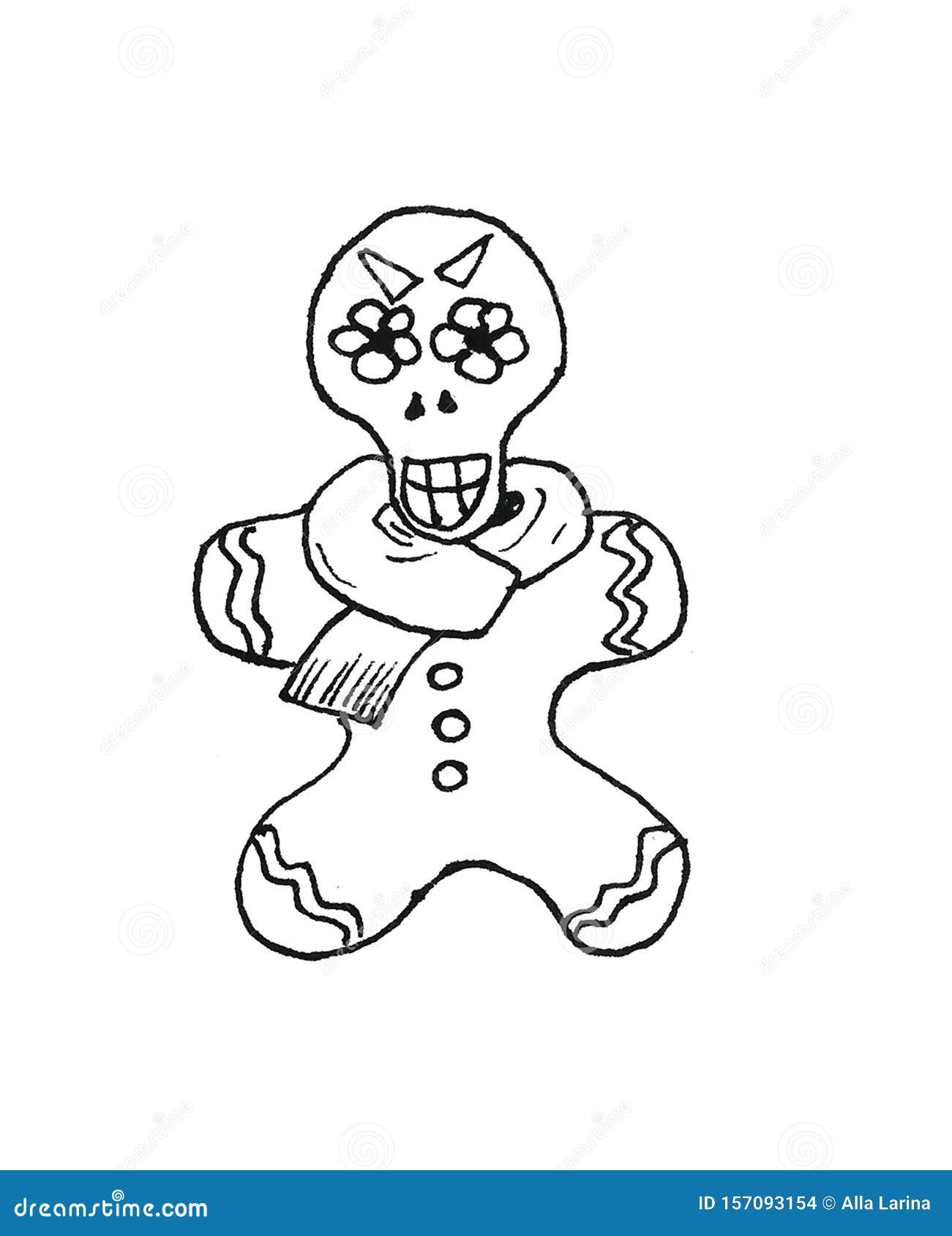 Christmas gingerbread man with mexican face mask of the dead graphics black and white illustration stock illustration