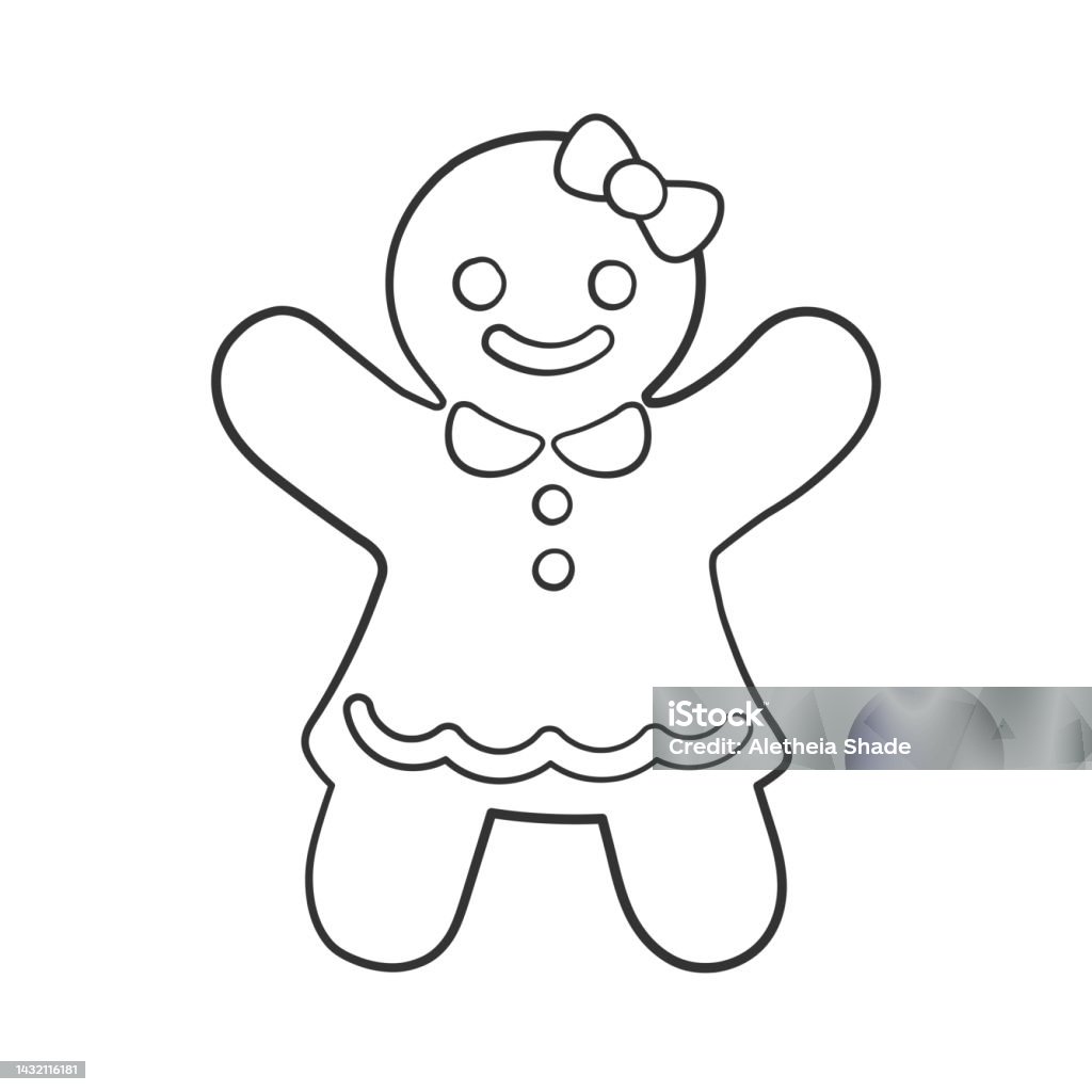 Gingerbread girl cookie outline doodle cartoon illustration winter christmas food theme coloring book page activity for kids stock illustration