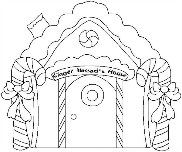 Gingerbread house and two candy cane coloring page