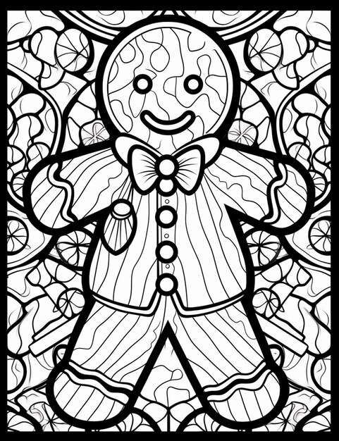 Premium ai image a black and white drawing of a gingerbread man with a bow tie generative ai