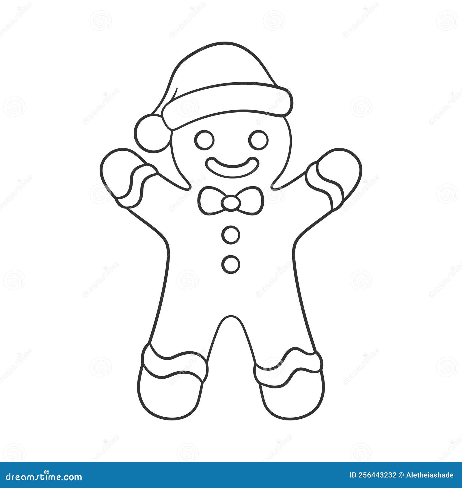 Cute gingerbread man with a bow tie and santa hat winter christmas theme easy coloring book page activity stock vector
