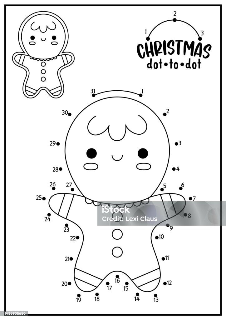 Vector christmas dottodot and color activity with cute kawaii gingerbread man winter holiday connect the dots game with funny cookie new year coloring page for kids printable worksheet stock illustration