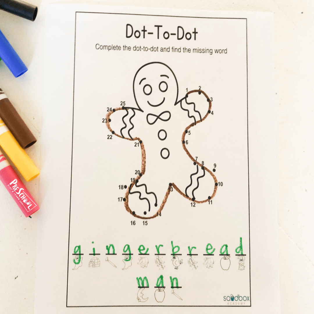 Free printable gingerbread man connect the dots activity