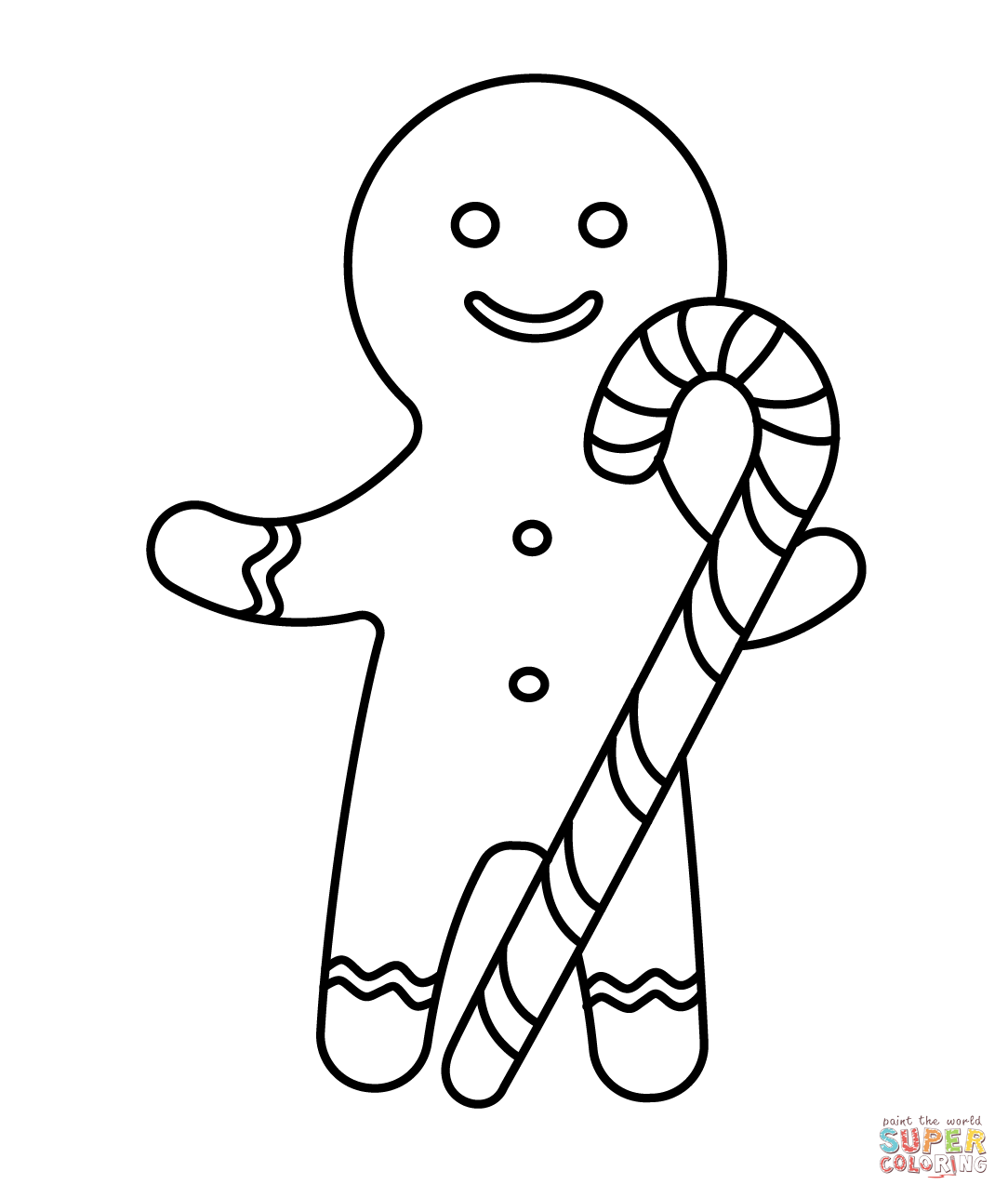 Gingerbread man with candy cane coloring page free printable coloring pages