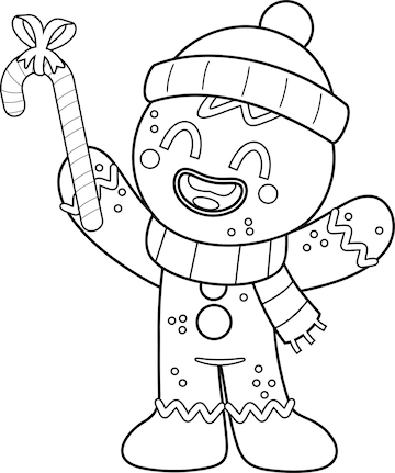 Premium vector outlined cute christmas gingerbread man cartoon character holding up a candy cane