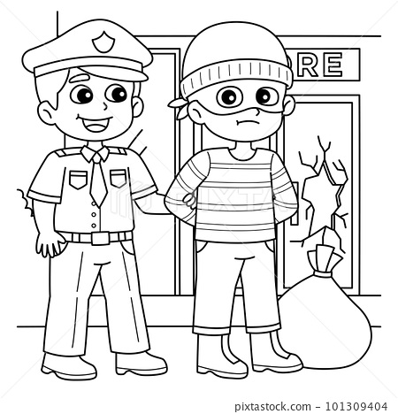 Police man arresting a thief coloring page