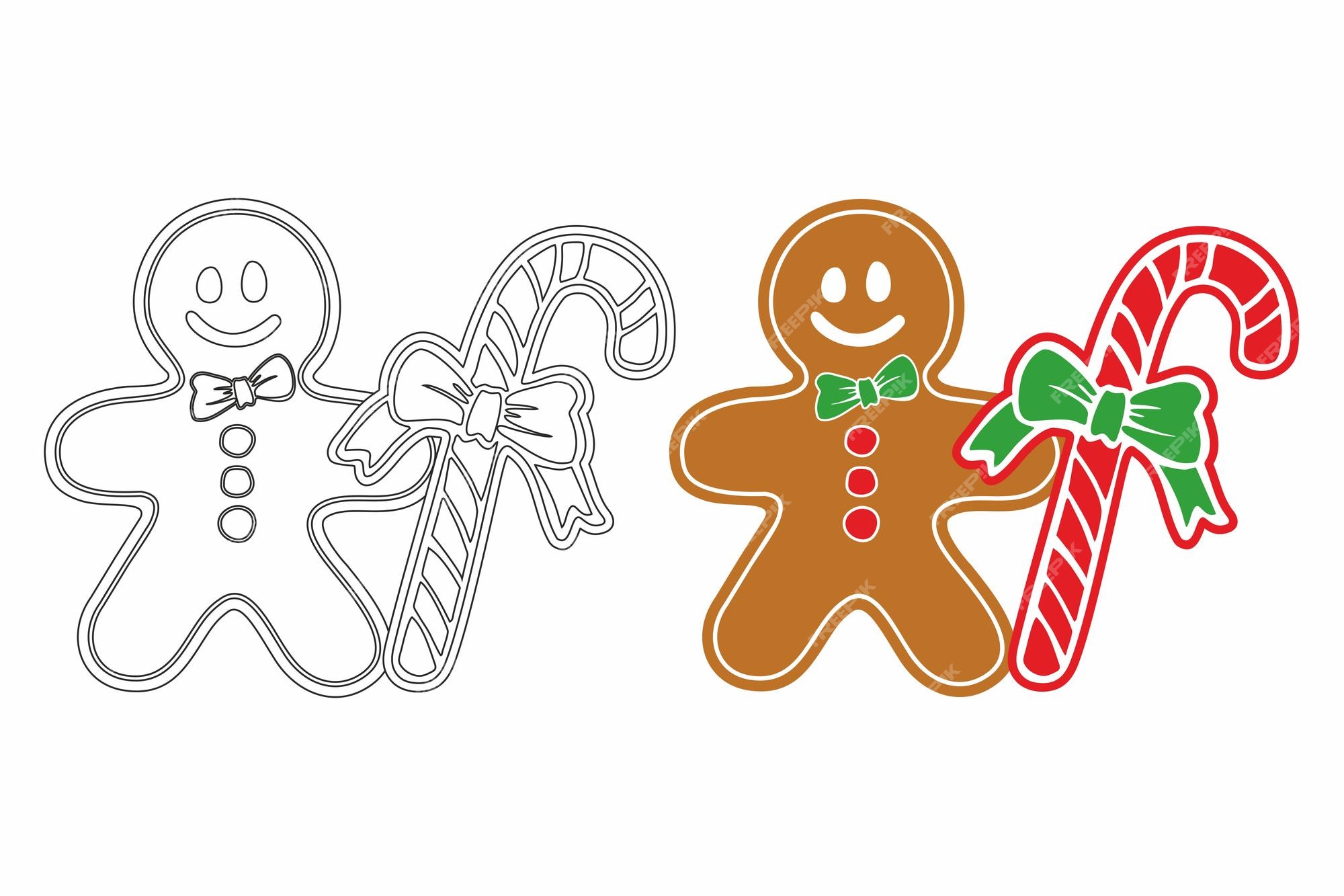Premium vector christmas coloring book gingerbread man candy cane illustration colored black white contours