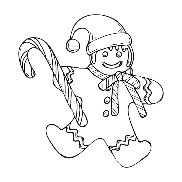 Premium vector coloring book christmas gingerbread man in santa hat festive cookies lollipop cane hand drawn line art black white illustration coloring page for kids and adults