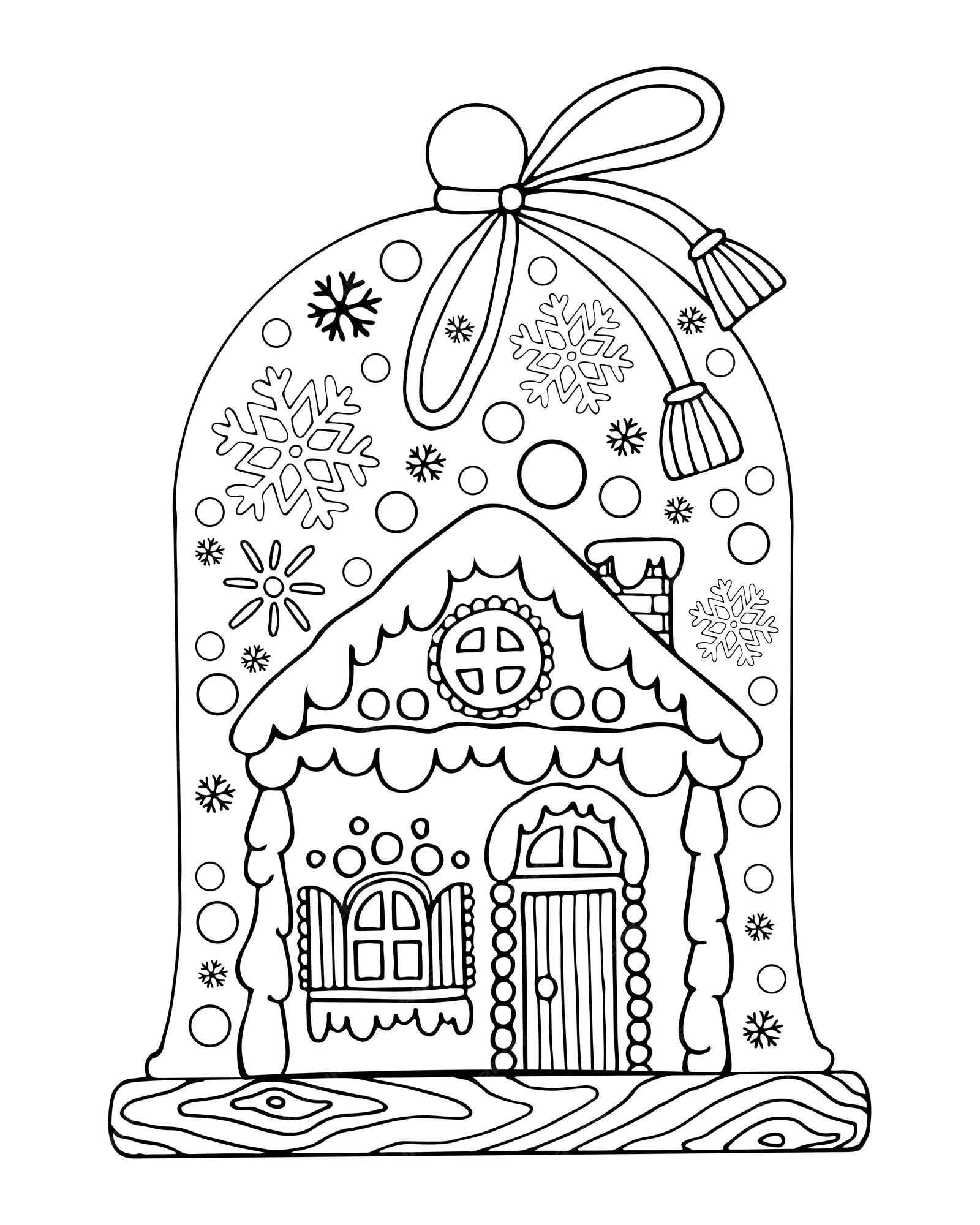 Premium vector christmas gingerbread house vector coloring page sweet festive cookies with decorations hand drawn line art winter illustration happy holiday coloring book for children and adults