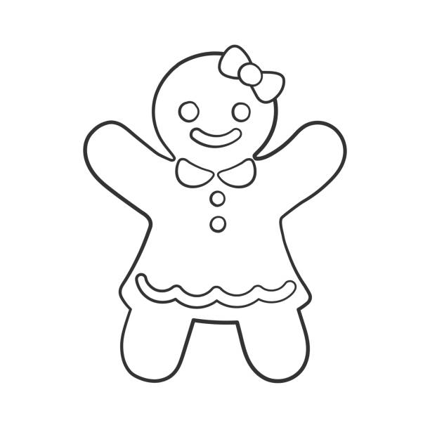 Gingerbread girl cookie outline doodle cartoon illustration winter christmas food theme coloring book page activity for kids stock illustration