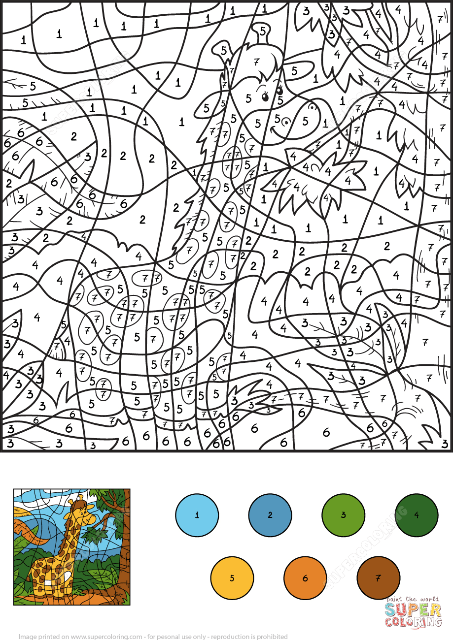 Giraffe color by number free printable coloring pages