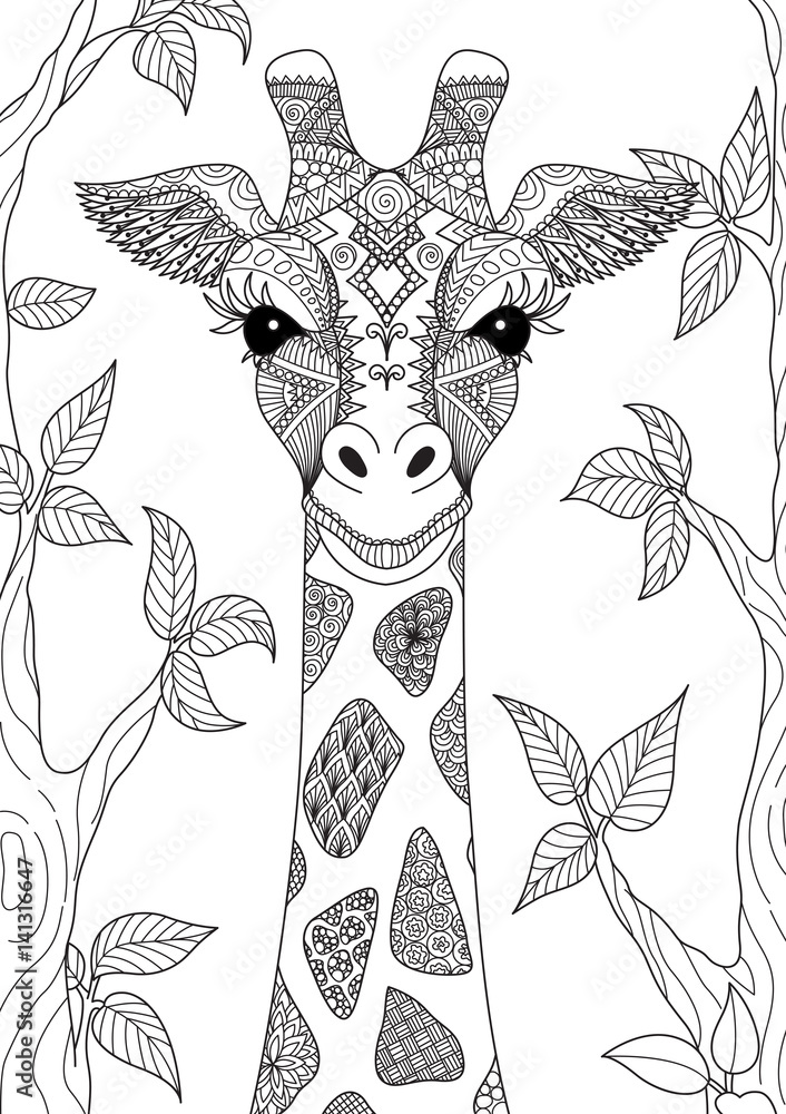 Line art design of giraffe for adult coloring book page and design element vector vector