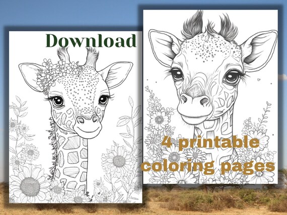 Printable baby giraffe coloring pages for kids and adults safari animal art instant digital downloads jpg and pdf files