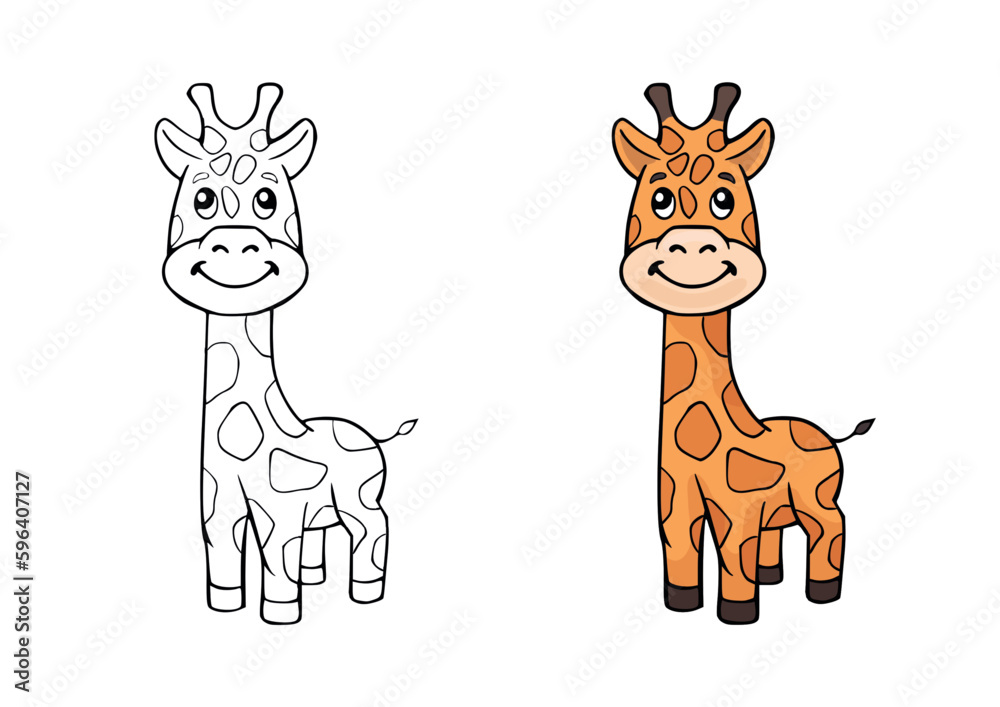 Coloring page with cartoon outline giraffe printable art education paint colouring template for book vector activity drawing worksheet with cute african animals vector