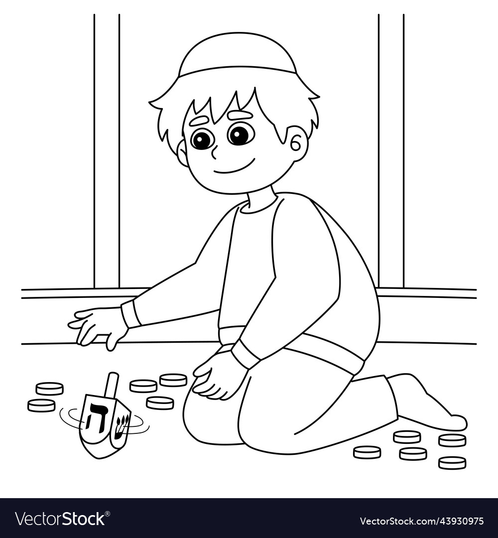 Hanukkah boy playing dreidel coloring page vector image