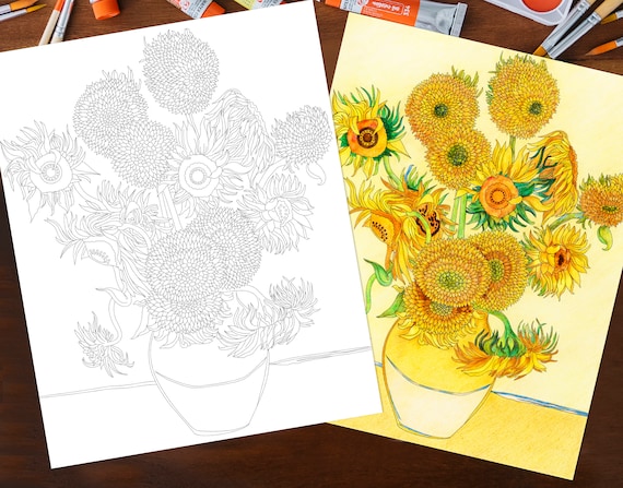 Adult coloring page van gogh sunflowers printable digital download instant download