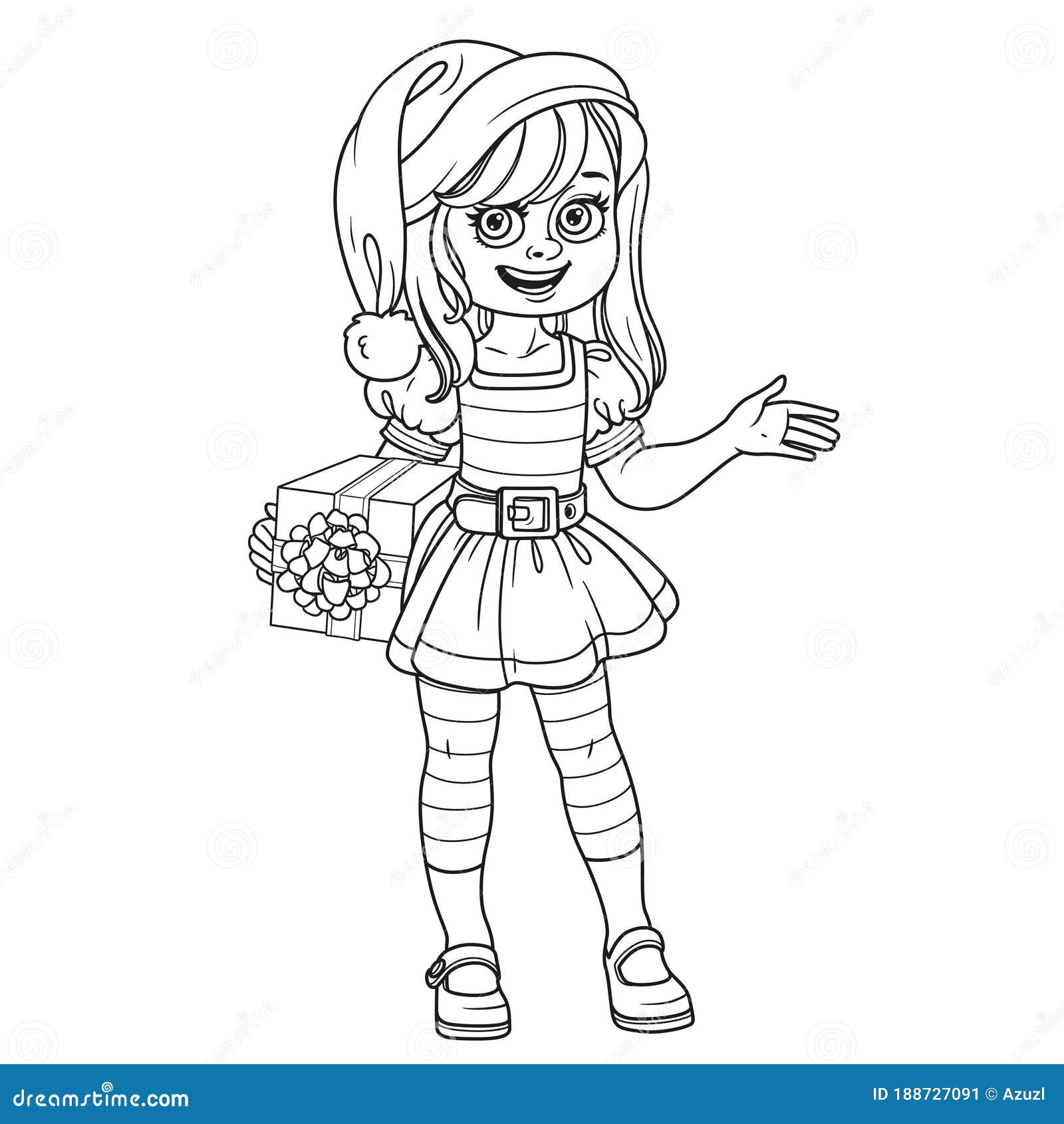 Cute girl in elf santas assistant costume outlined for coloring page stock vector