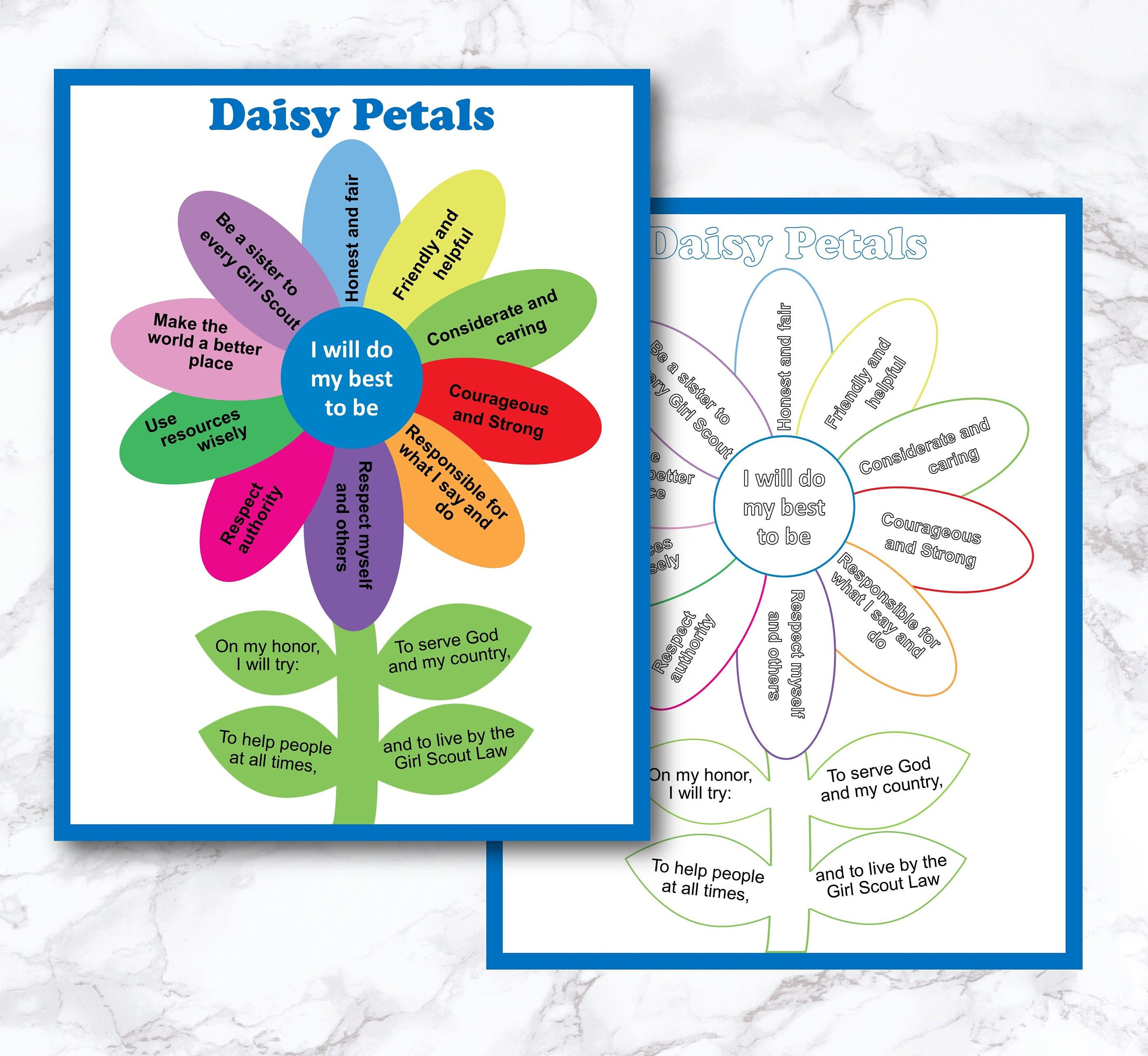 Girl scout daisy petals chart promise and law coloring pages daisy girl scout daisy petals troop handout activity letter size
