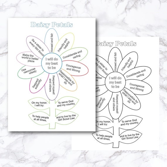 Girl scout daisy petals chart promise and law coloring pages daisy girl scout daisy petals troop handout activity letter size