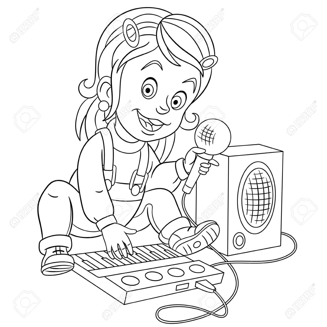 Coloring page coloring picture of cartoon girl singing and playing piano childish design for kids activity colouring book about people professions royalty free svg cliparts vectors and stock illustration image