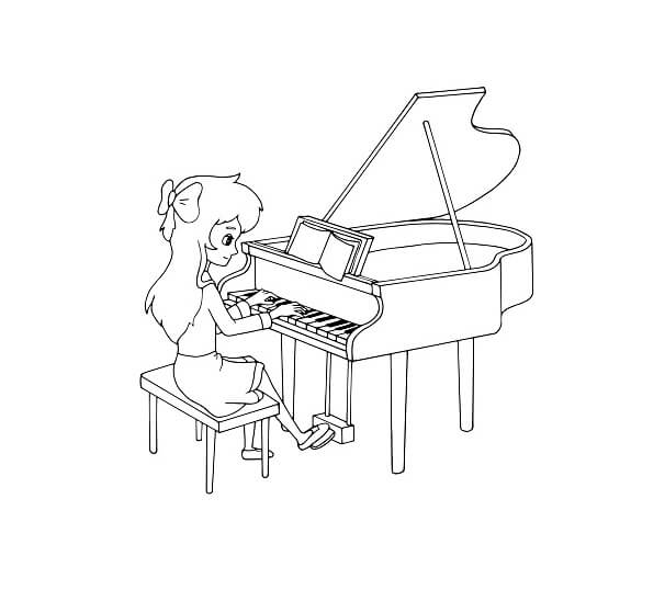 Girl playing piano coloring page