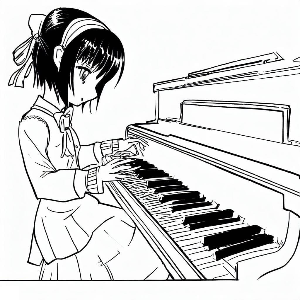 Anime girl is playing piano coloring page