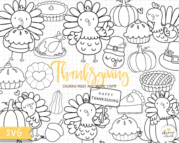Happy thanksgiving with cute turkey coloring pages thanksgiving digital stamps thanksgiving svg thanksgiving clipart