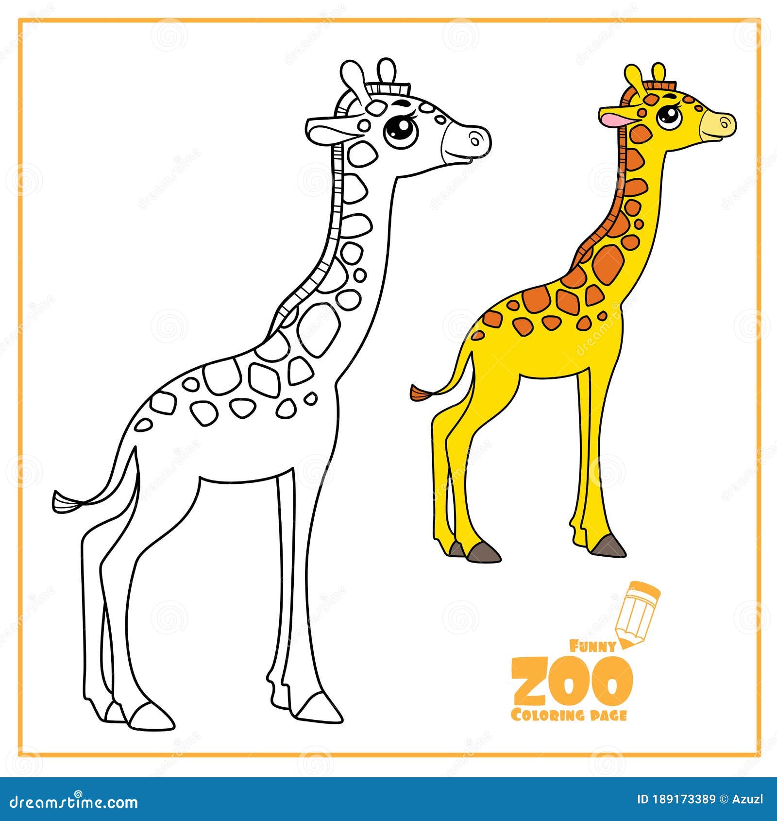 Cute cartoon little giraffe color and outlined on a white background for coloring page stock illustration