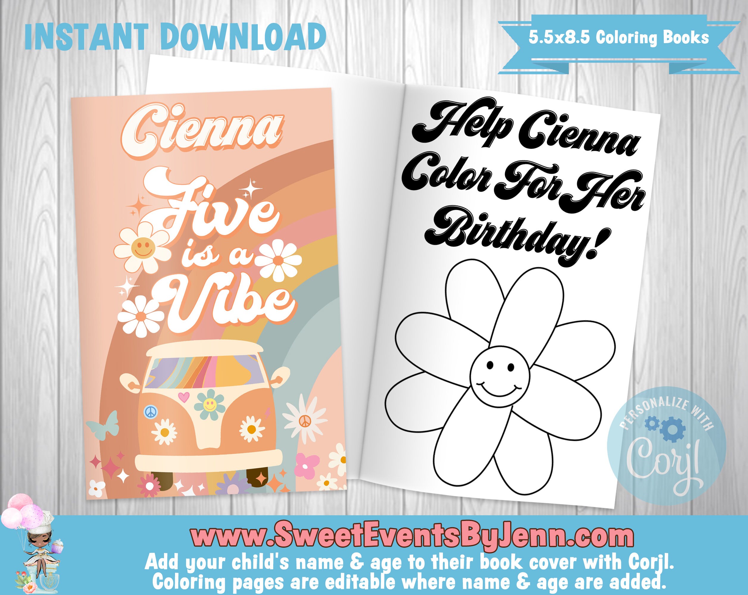 Groovy five is a vibe coloring book printable book instant download corjl editable book cover coloring pages retro hippie theme download now