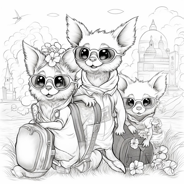 Premium ai image coloring pages of a family of three cats with luggage generative ai
