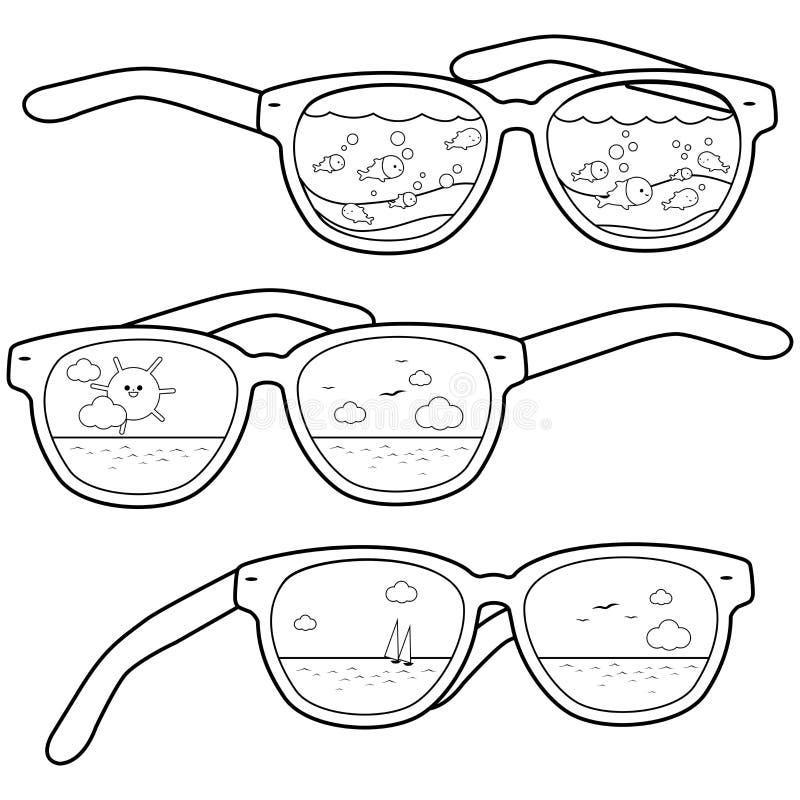 Summer beach scene reflected in sunglasses vector black and white coloring page stock vector