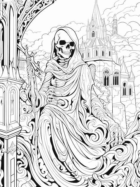 Premium ai image gothic gloom intricate coloring page featuring horror sadness in strange castle