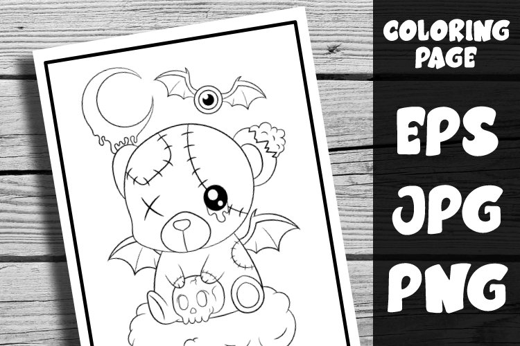 Creepy pastel goth kawaii teddy bear coloring page