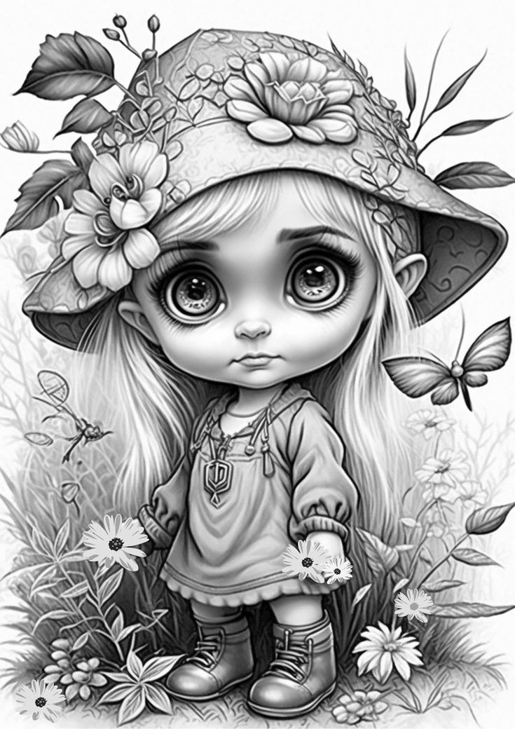 Cute darling young gnome girl coloring pages for adults and kids instant download printable