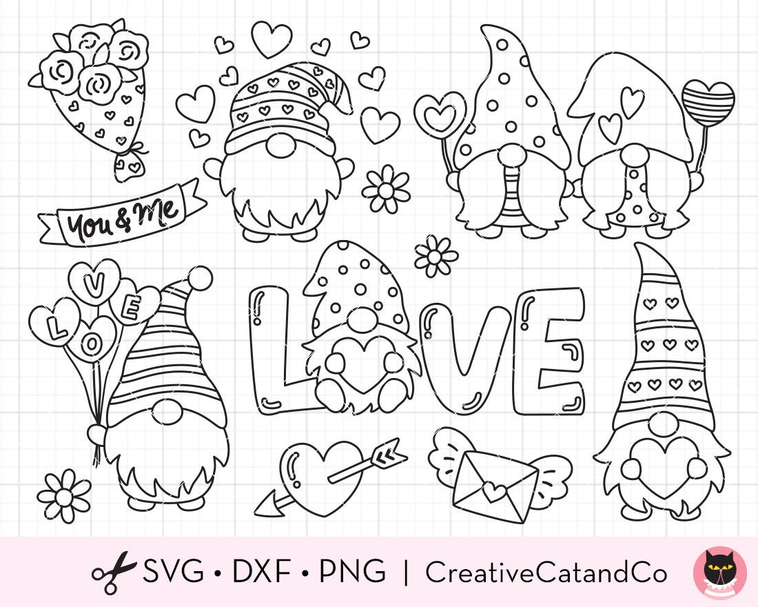 Valentine gnomes outline coloring svg png outlined gnome