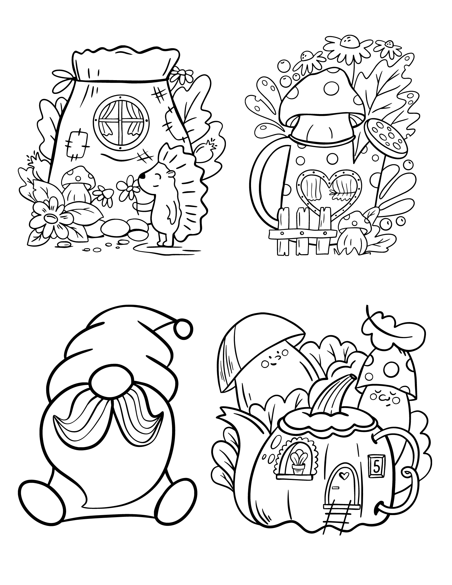 Cute gnome house coloring pages for kids and adults