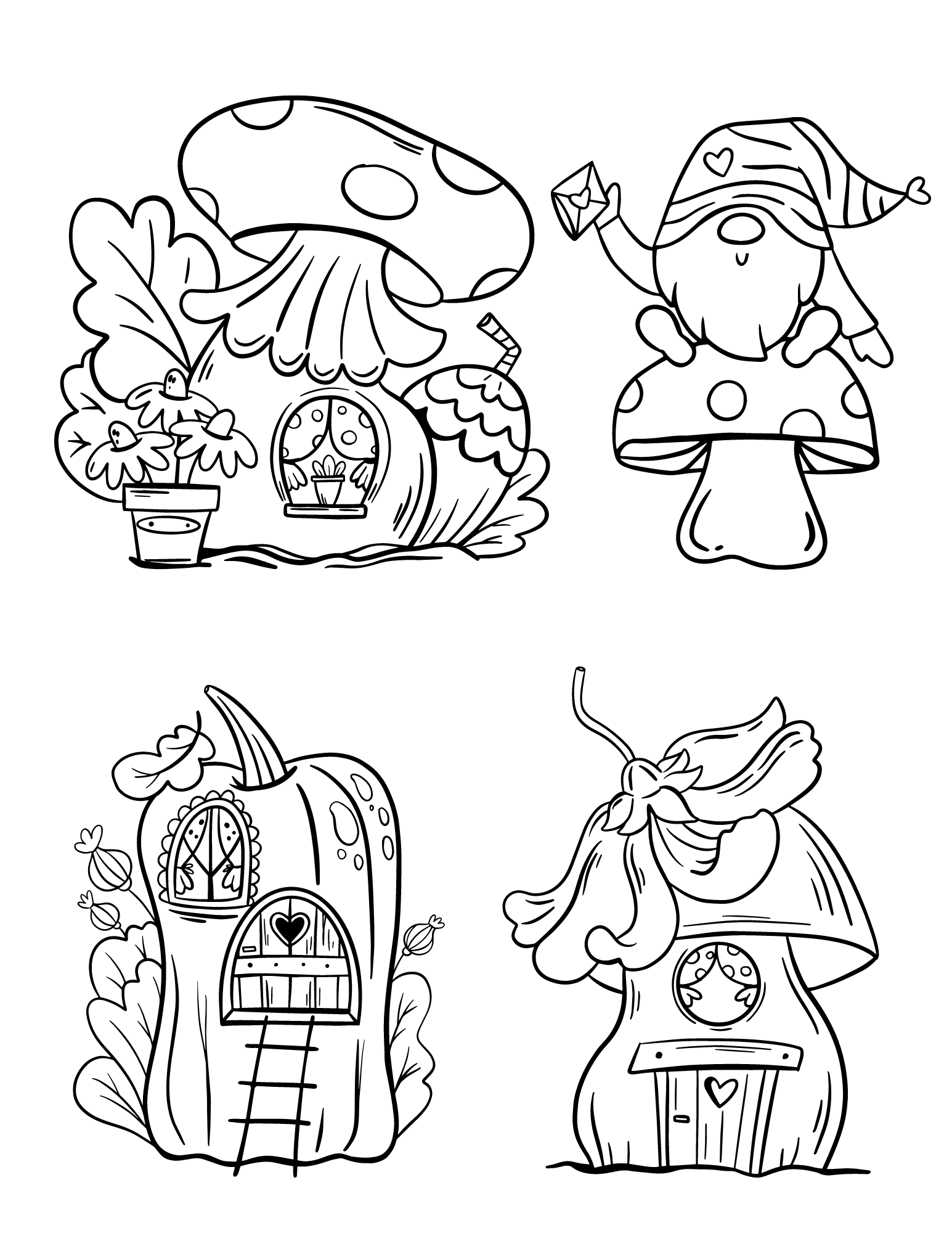 Cute gnome house coloring pages for kids and adults