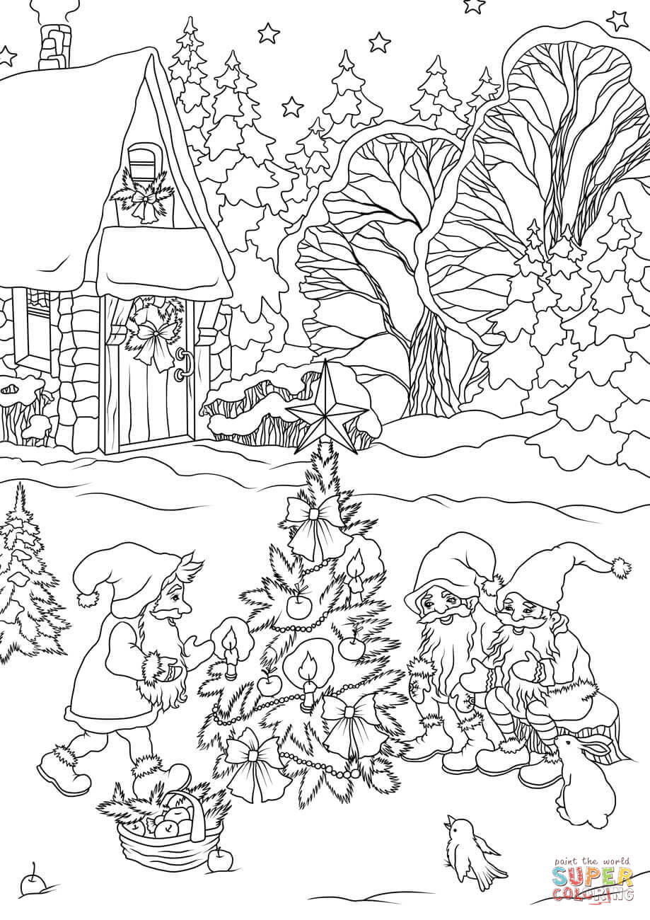 Christmas gnomes are decorating a tree coloring page free printable coloring pages