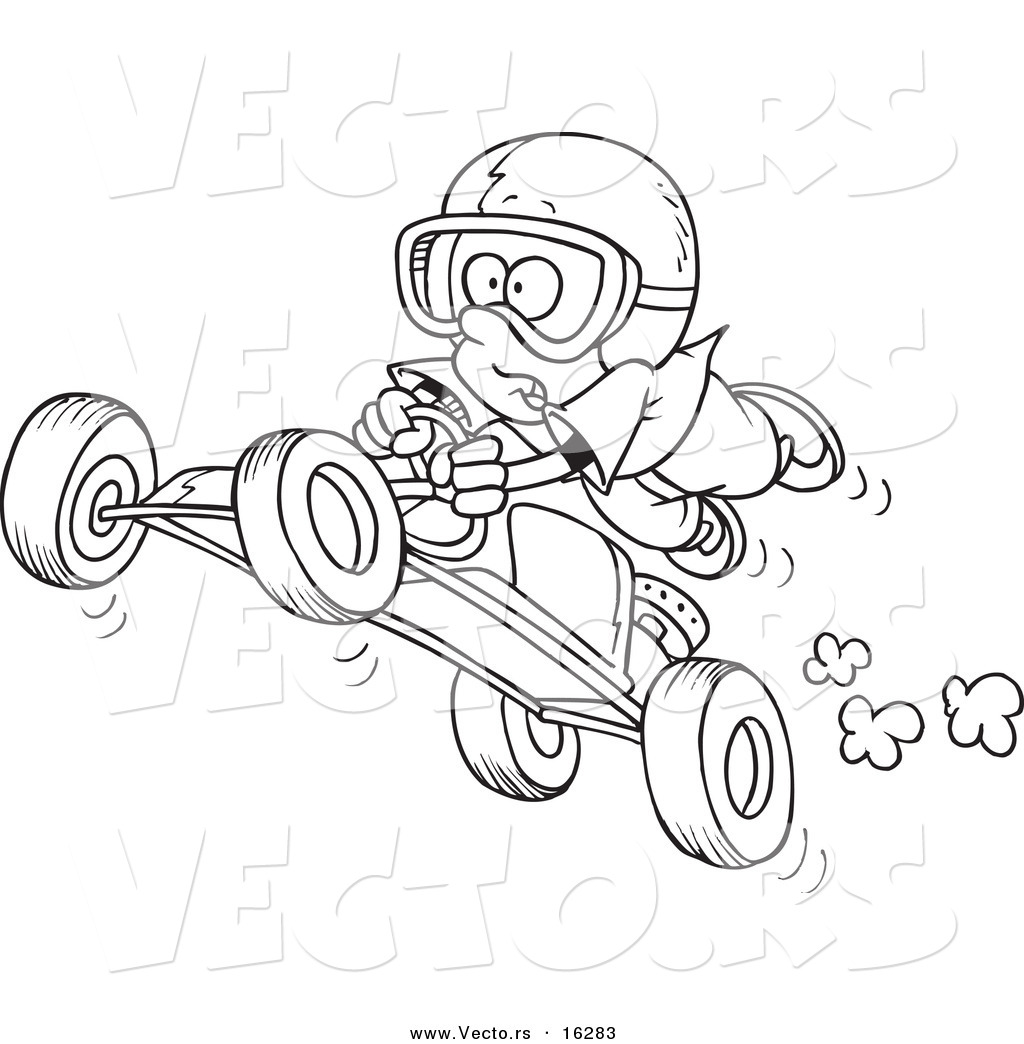 R of a cartoon boy catching air on a go cart