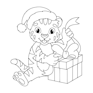 Premium vector cute tiger cub in a christmas hat coloring book page for kids