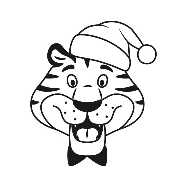 Black and white outline talking happy tiger in santa hat head isolated on white background cute adorable wild cat coloring page for kids holiday line smiling animal character vector illustration stock illustration