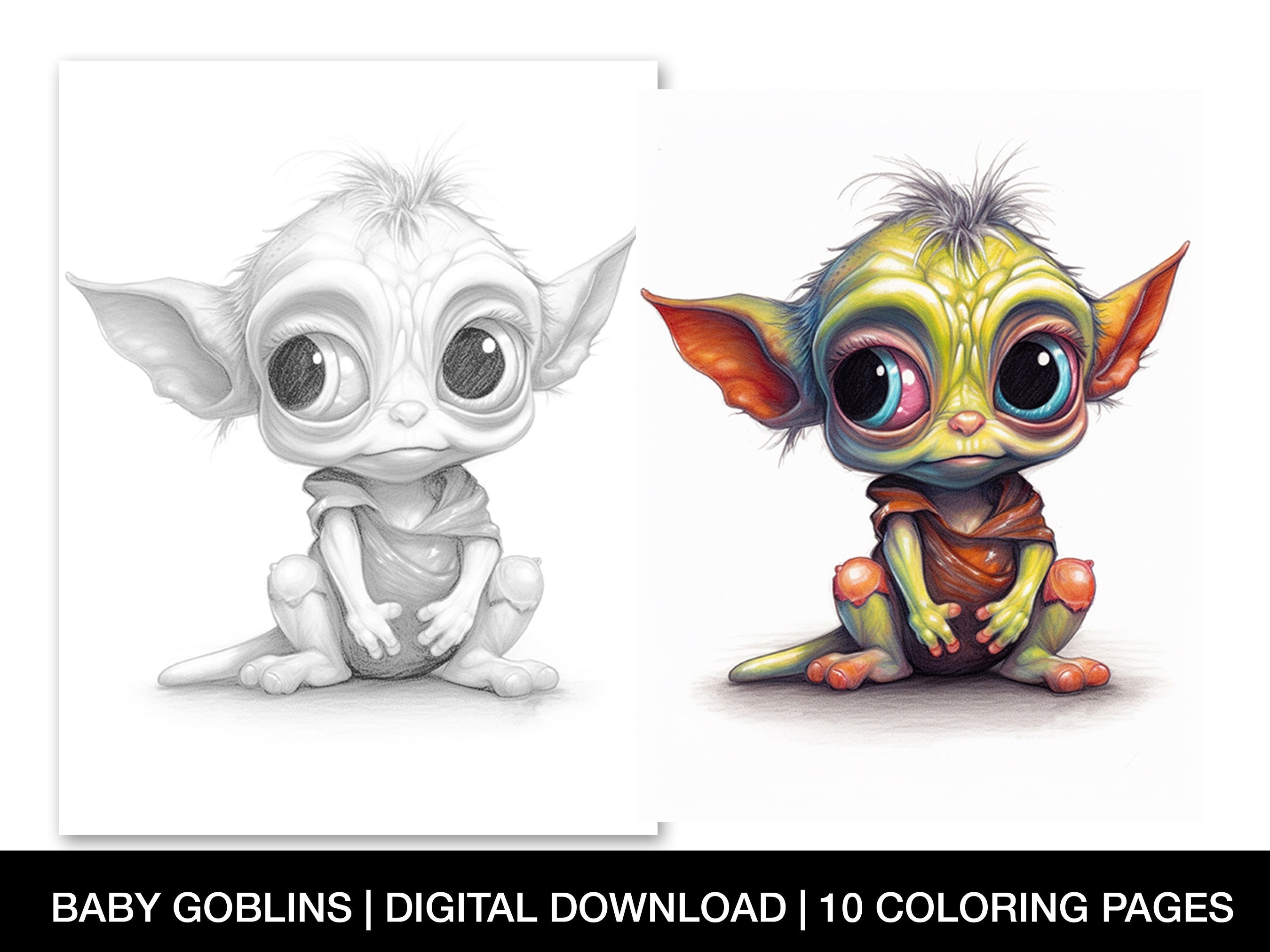 Cute baby goblins coloring pages for adults printable grayscale colouring pages fantasy baby goblin coloring sheets instant download
