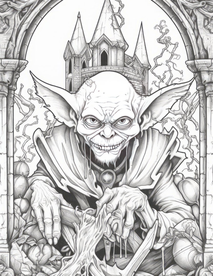 World of goblins premium coloring page printable goblin adult fantasy colouring pages book instant download grayscale illustration