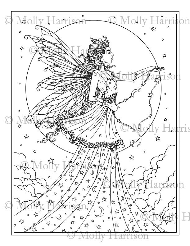 Celestial goddess coloring page printable fantasy fairy