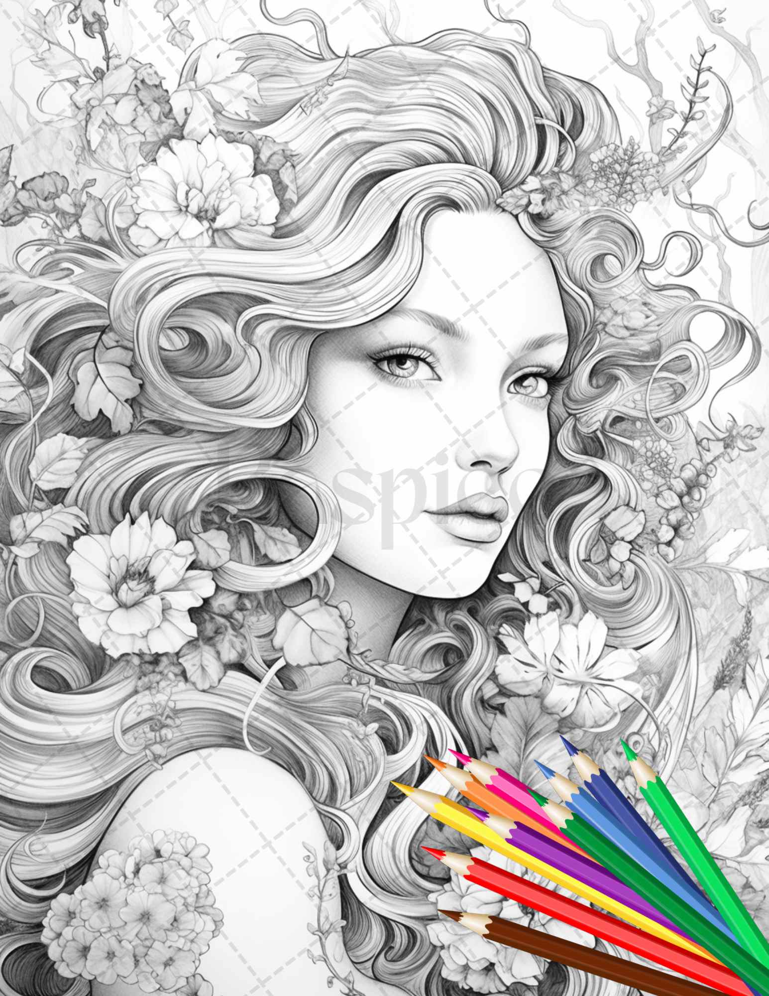 Flower goddess coloring pages printable for adults grayscale color â coloring