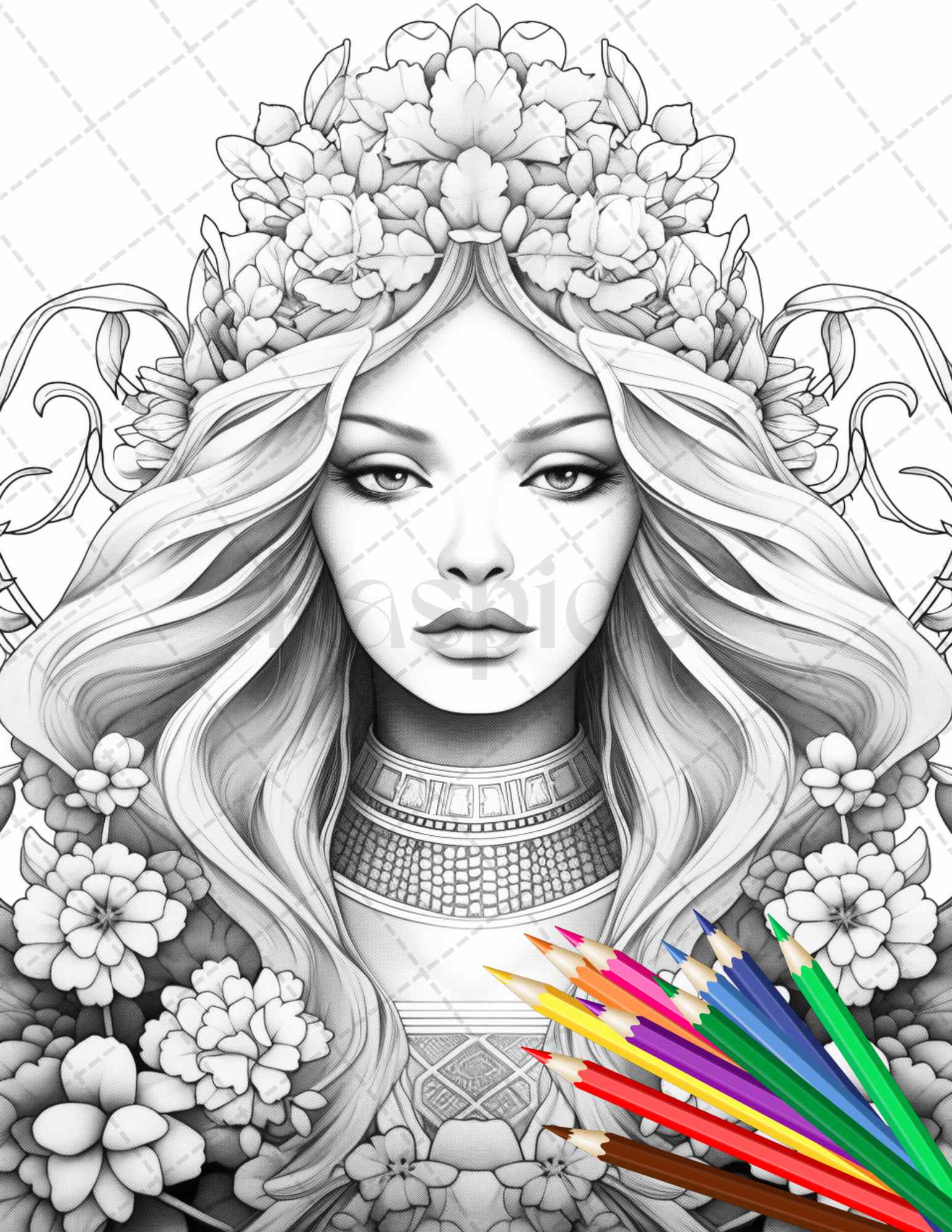 Flower goddess coloring pages printable for adults grayscale color â coloring
