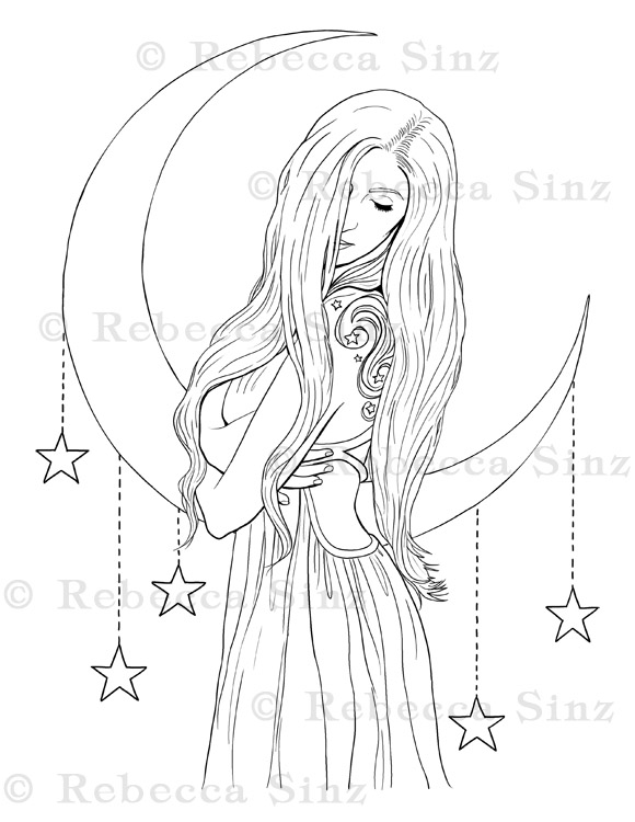 Celestial goddess fantasy coloring book page